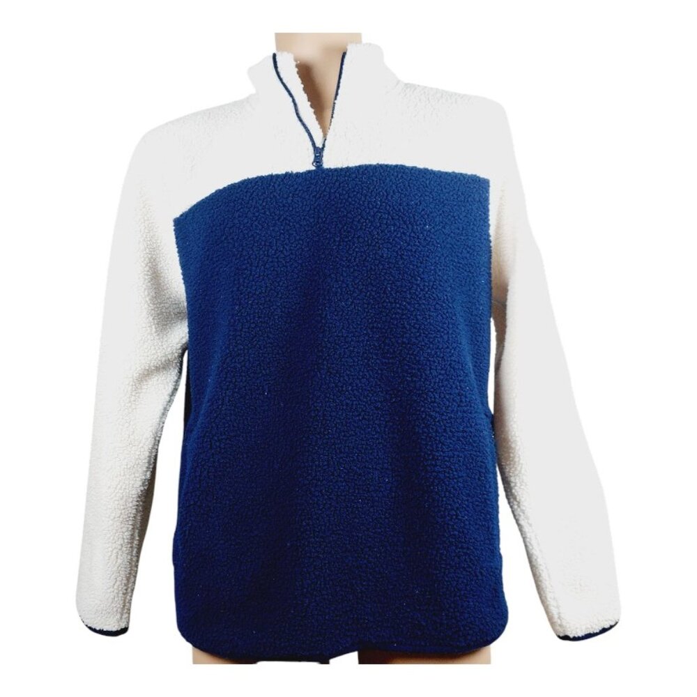 Old Navy Men's Blue White Colorblock Mock Neck Pullover Sherpa Fleece Sweater XL